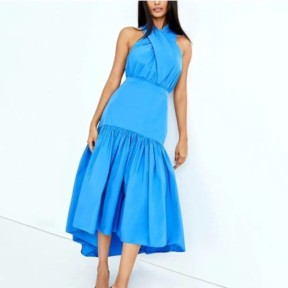 Veronica beard Radley taffeta dress CRISSCROSS neck MAXI blue